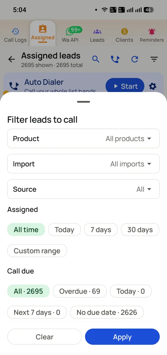 RMDialer filter panel narrowing a calling list by product, import batch, source and call due date, showing 69 overdue out of 2,695.