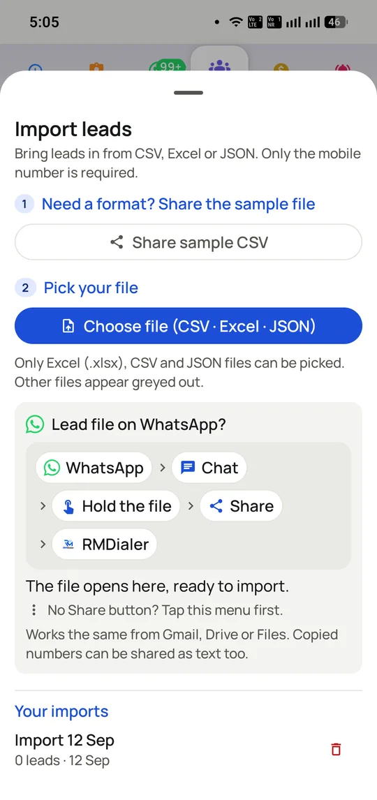 The RMDialer import sheet offering CSV, Excel and JSON upload, a sample file, and importing a list shared directly from WhatsApp.