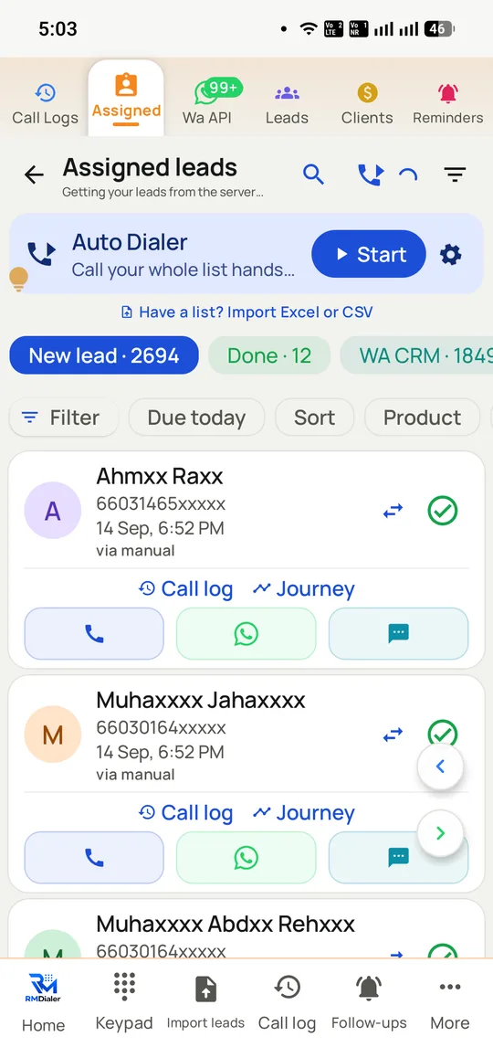 The RMDialer assigned leads screen on Android with a bulk calling banner and Start button above a list of 2,694 numbers waiting to be called.