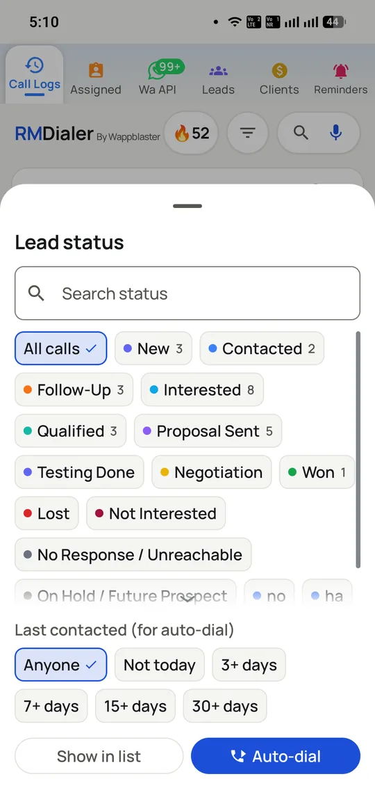 The RMDialer lead status sheet with counts beside each status and a filter for how long since the last contact, above an auto-dial button.