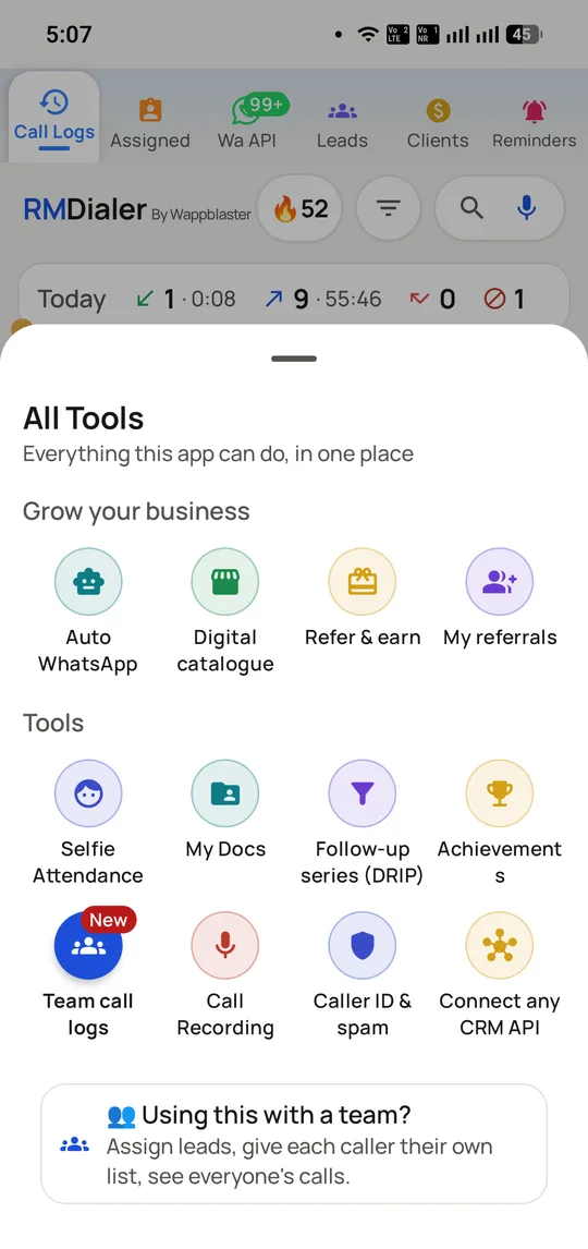 The All Tools sheet in RMDialer listing automatic WhatsApp, a digital catalogue, referrals, attendance, follow-up series, call recording, caller ID and a CRM API.