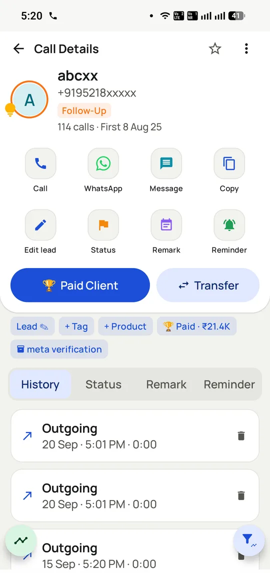 A customer record open in RMDialer with a Paid Client badge, the products and value recorded against the contact, a transfer control, and the complete list of calls made to them.