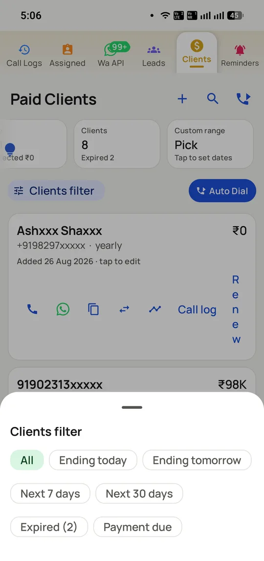 The Paid Clients screen in RMDialer listing customers with plan value and renewal date, filtered by ending today, next 7 days, expired and payment due.