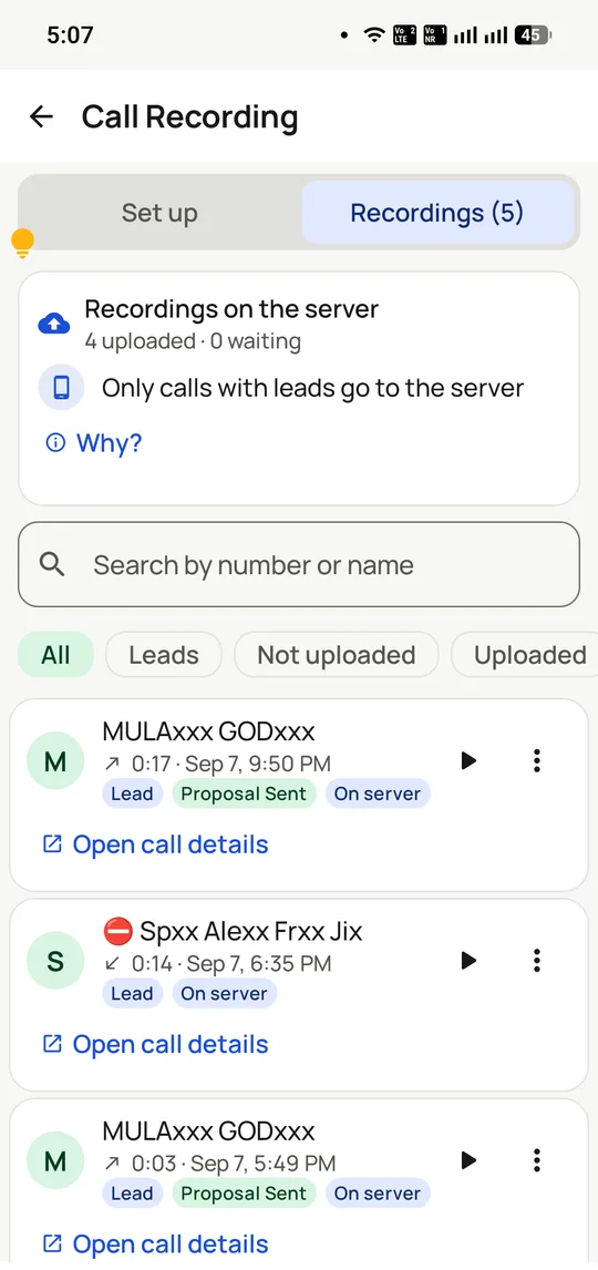 The RMDialer call recording screen listing recorded calls with the caller and duration, and a note that only calls attached to leads are uploaded to the server.