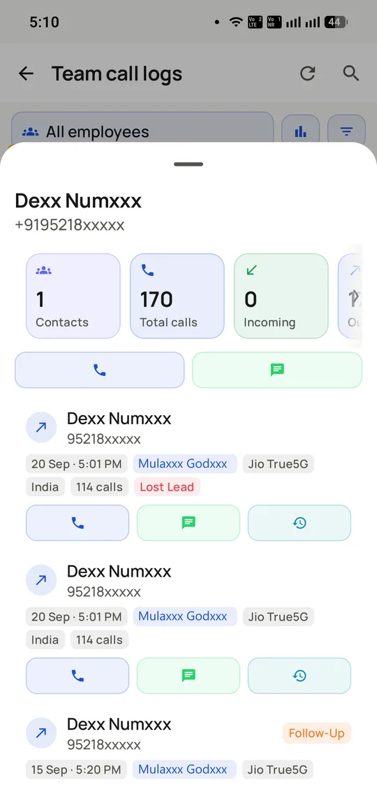 The full call history for a single contact in RMDialer, 170 calls, each row recording the date and time, the colleague who called, the SIM used, the region and the outcome that was logged.