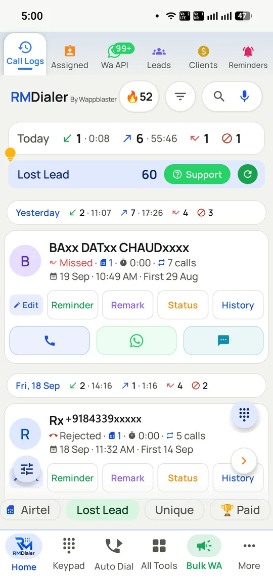 The RMDialer call log grouped by day, each entry showing the contact, whether the call was rejected or missed, which SIM took it, the duration and the running call count for that number.