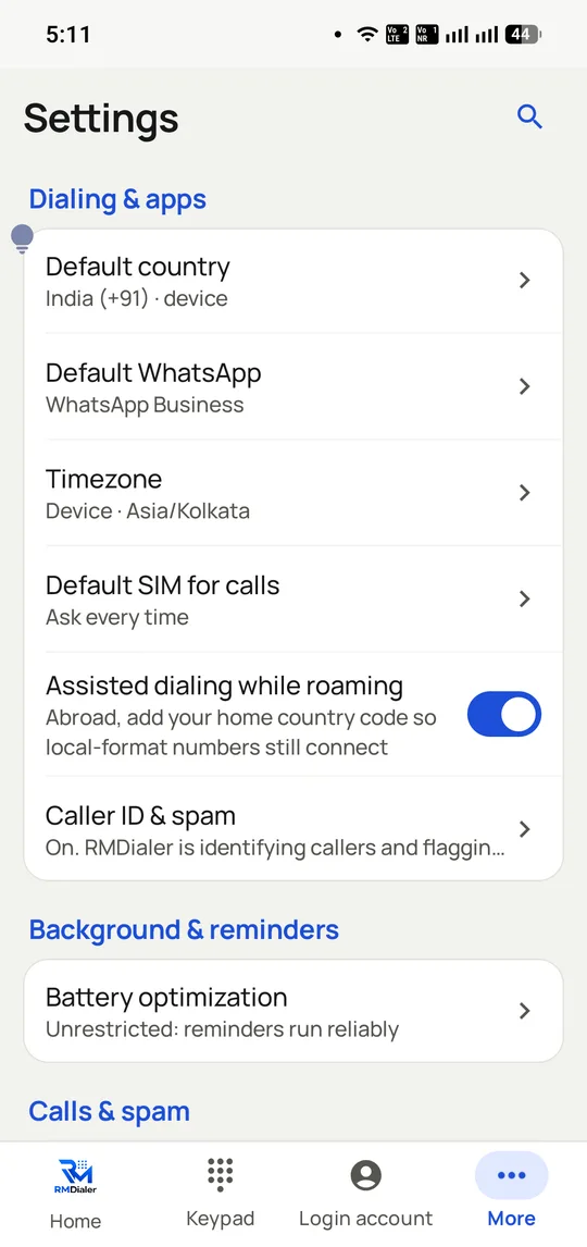 RMDialer settings showing Default SIM for calls set to ask every time, and assisted dialling while roaming switched on.