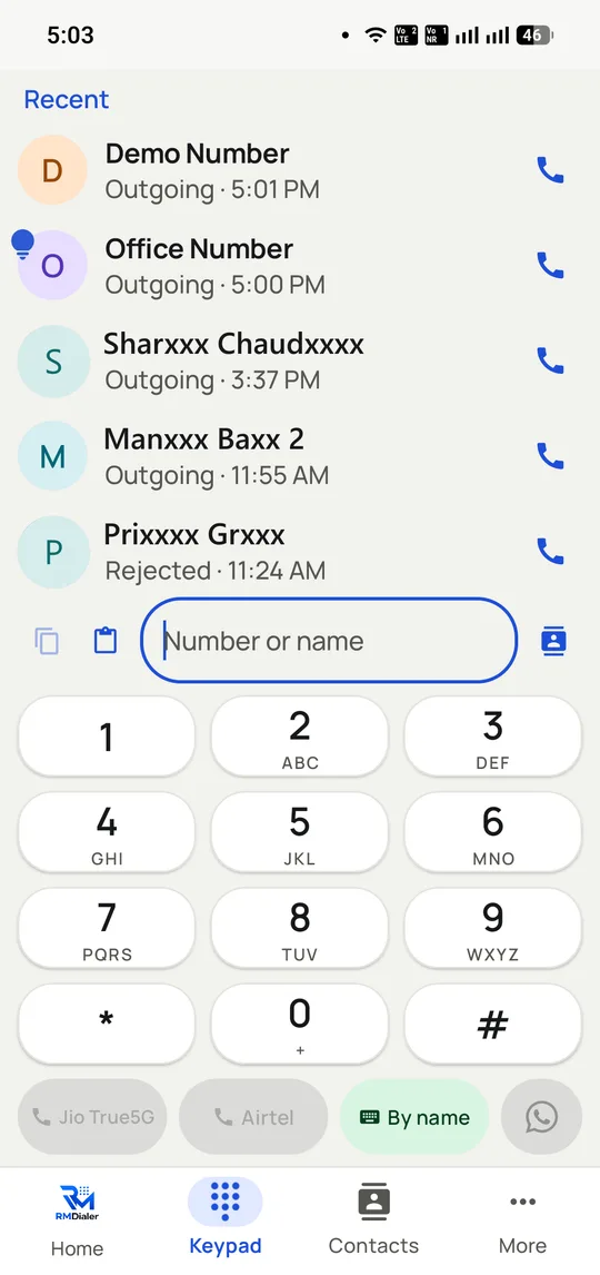 The RMDialer keypad on Android with separate call buttons for the Jio and Airtel SIMs beneath the recent calls list.