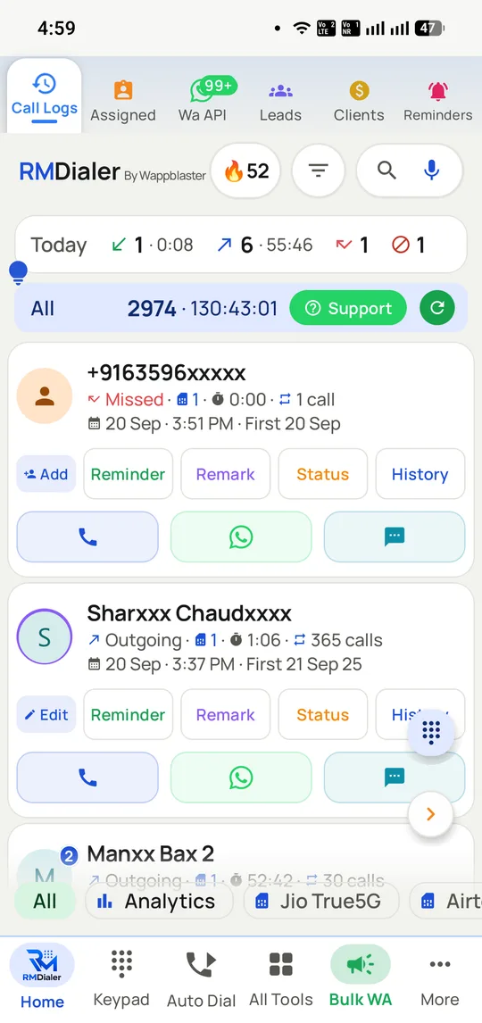 The RMDialer call log showing 2,974 calls and 130 hours of talk time, with per-SIM filter chips for Jio and Airtel at the foot of the screen.