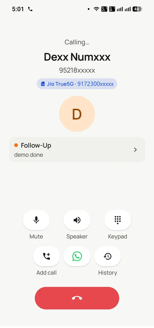 An outgoing call in progress in RMDialer, with a badge naming the SIM the call was placed from and the lead’s follow-up status shown on the call screen.