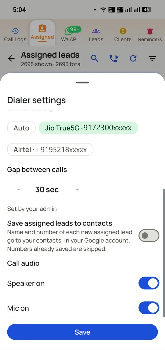 RMDialer dialer settings on Android, showing the SIM for dialling set to a choice of Auto, the Jio SIM or the Airtel SIM, with a 30 second gap between calls.