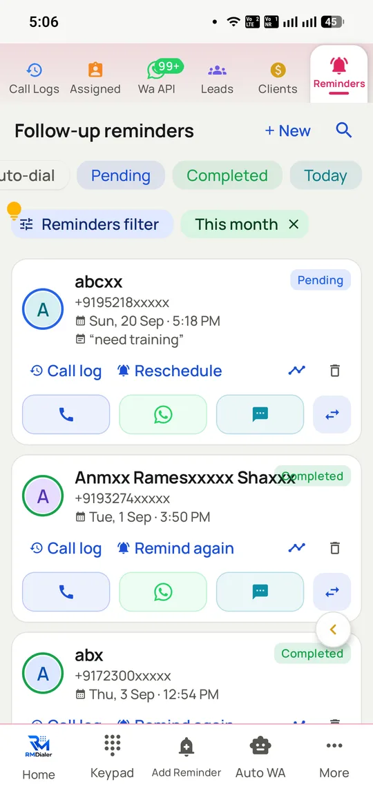 The RMDialer follow-up reminders list filtered to this month, with pending and completed callbacks, each carrying its note and call, WhatsApp and transfer buttons.