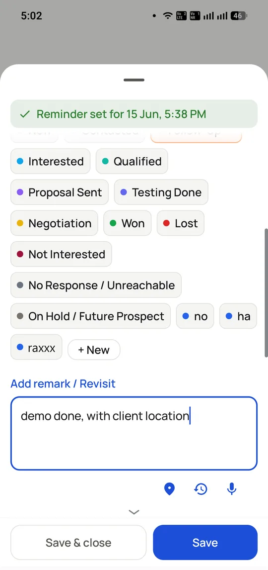 The RMDialer outcome sheet showing lead statuses, a remark box and a confirmation that a follow-up reminder was set.