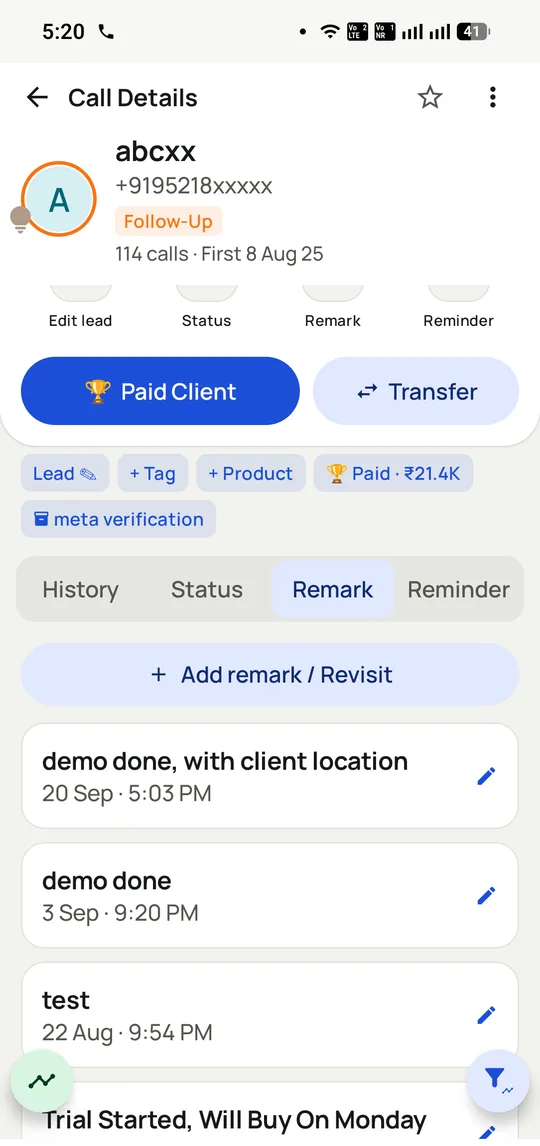 The remark history for one contact in RMDialer, showing dated notes from several calls.