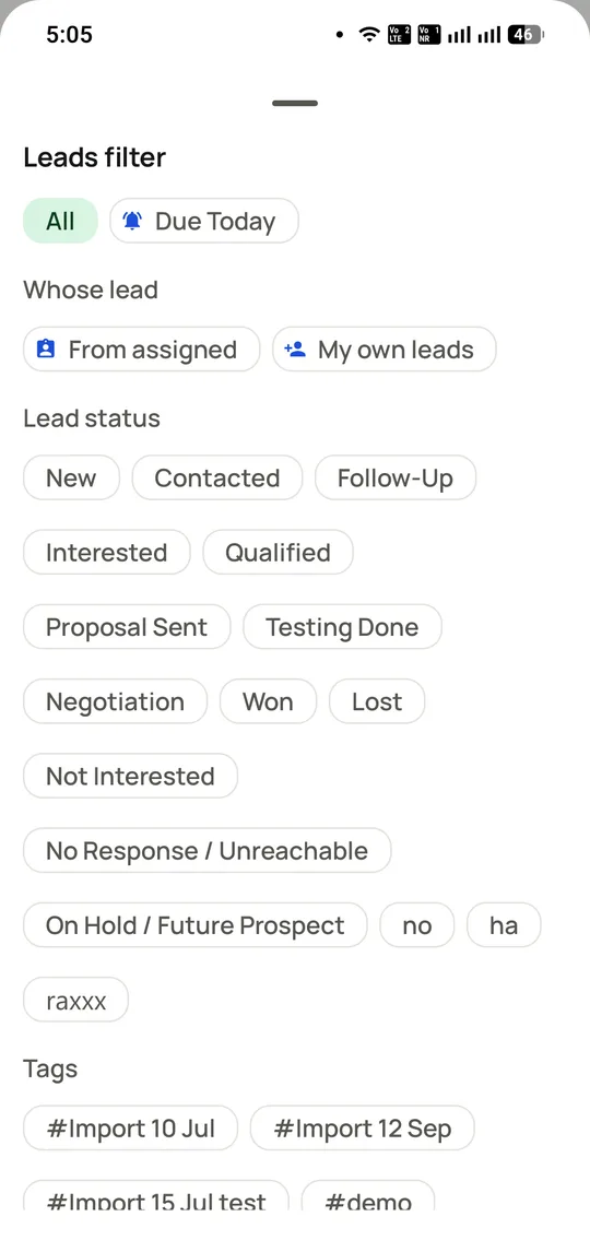 The RMDialer leads filter showing whose lead, a full set of lead statuses from New through Won and Lost, and tags for each import batch.