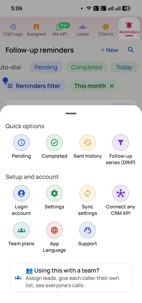 The RMDialer lead tools menu offering import lists, a linked Google Sheet, CSV export, lead statuses, custom lead fields, products and follow-up series.