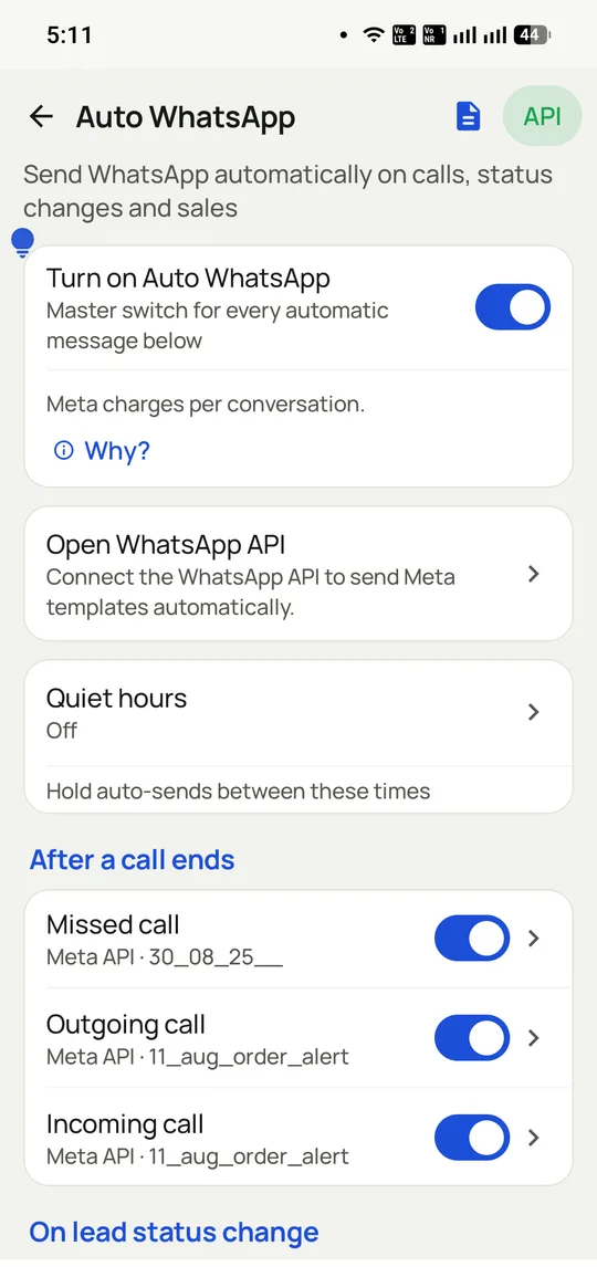 RMDialer Auto WhatsApp settings with separate approved Meta templates for missed, outgoing and incoming calls, plus quiet hours.